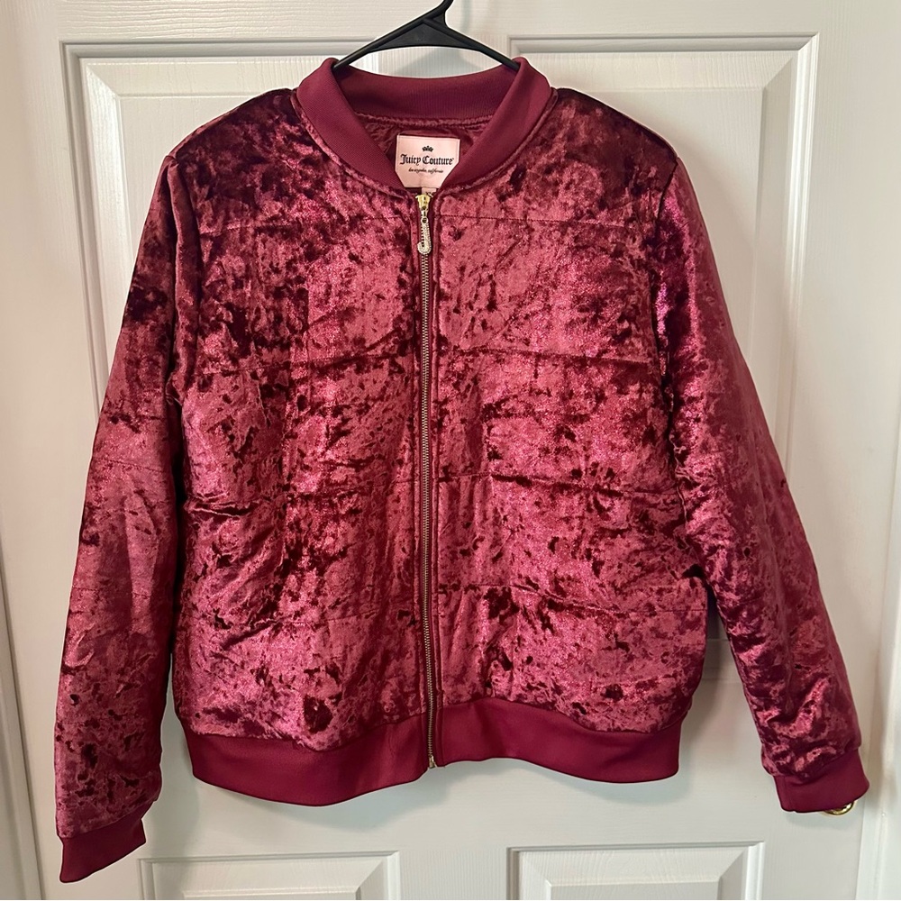 Juicy Couture Velour Crushed Velvet Full Zip Up Puffer Jacket Coat Maroon